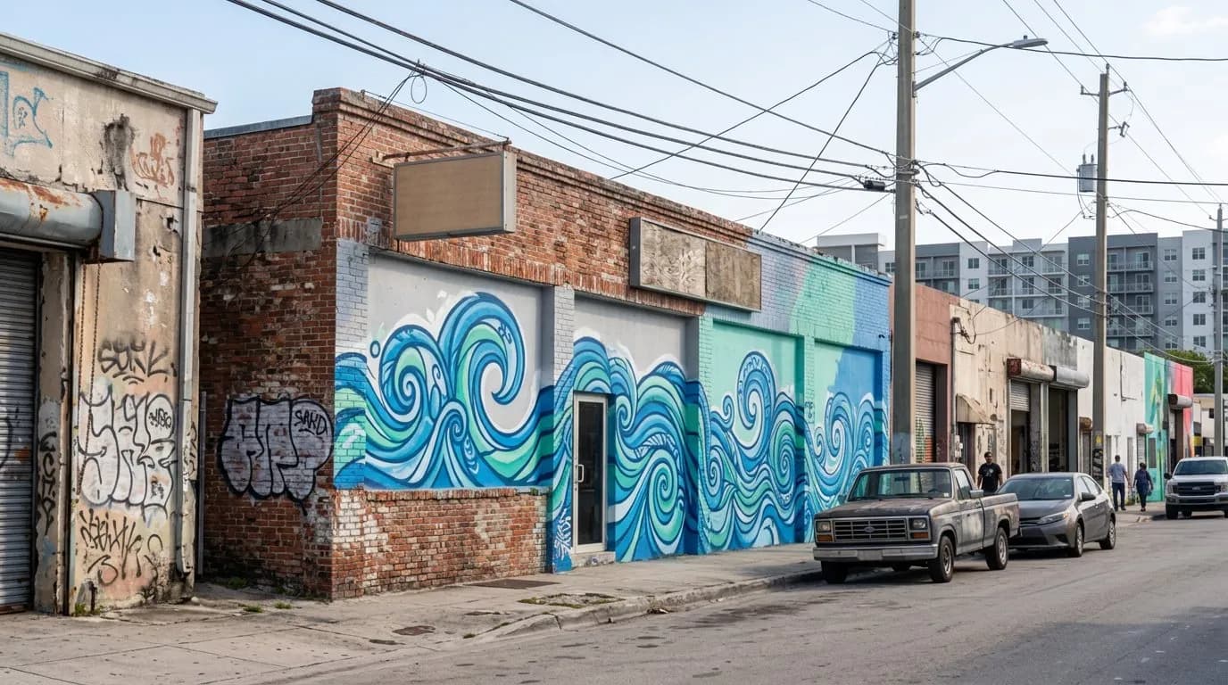 Low industrial storefront in Wynwood with a blue wave mural on the facade