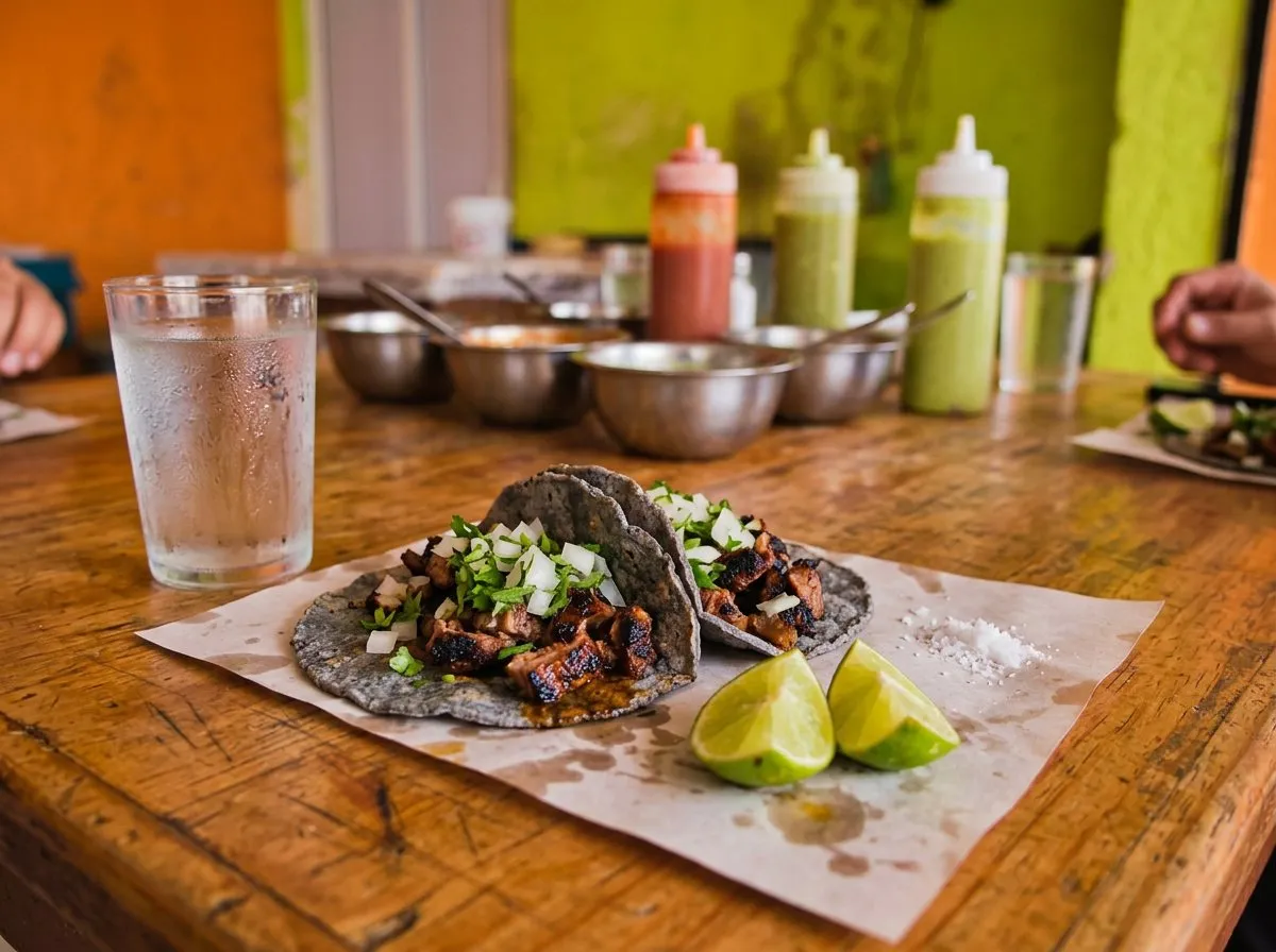 Close-up of hand-pressed tacos on a worn wood communal table