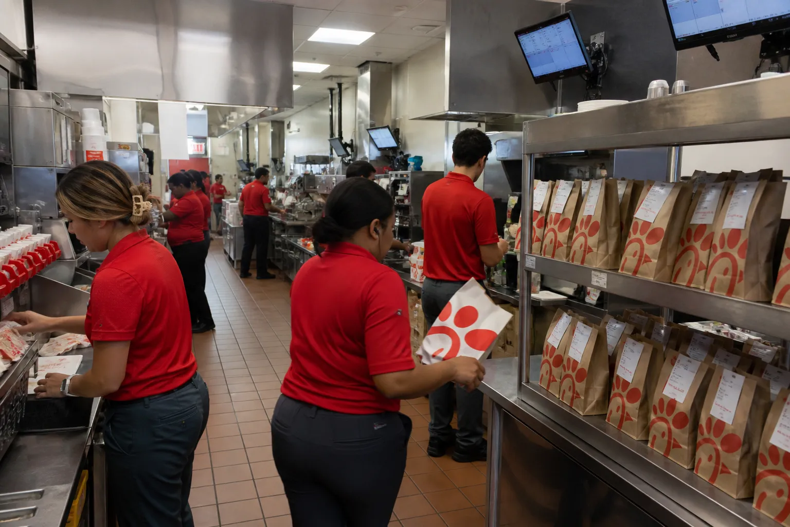 The busy, organized mobile pickup counter inside the high-volume Doral Chick-fil-A location.