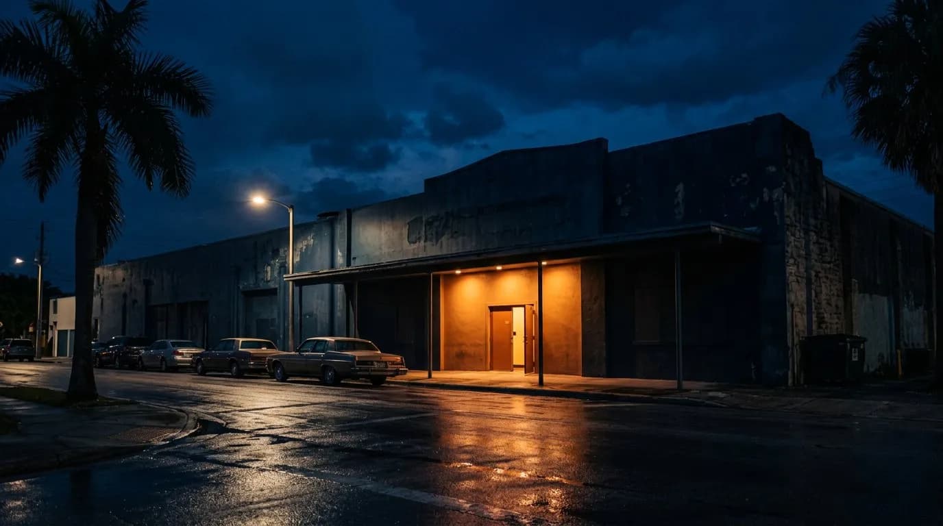 Night exterior of a converted warehouse theater on a quiet Miami street