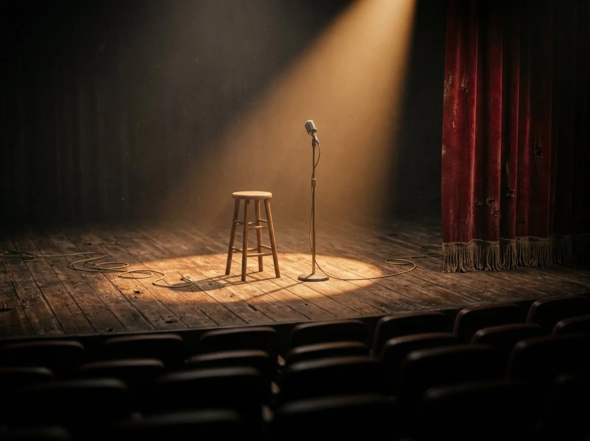 Close view of an empty stage with a microphone under warm spotlight