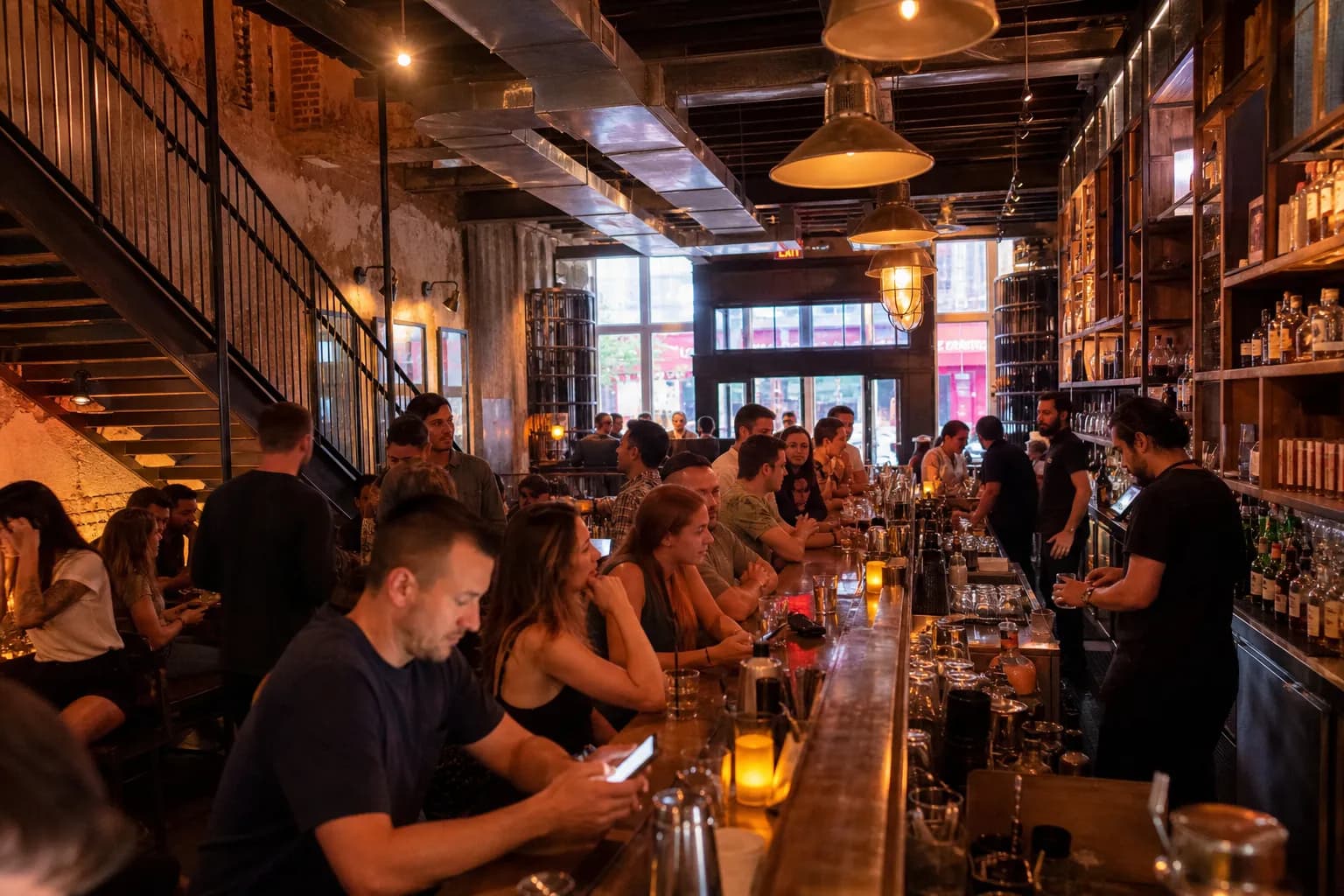 Patrons sitting at the bar inside Lost Boy Dry Goods in Downtown Miami checking their phones