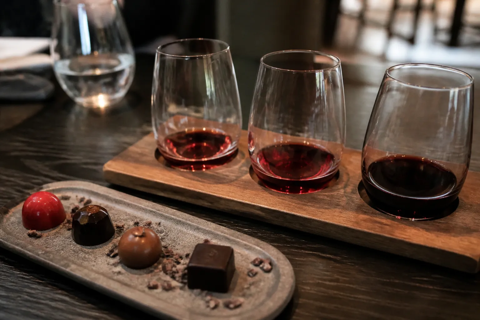 A flight of three red wines paired with chocolate truffles on a dark wood restaurant table.