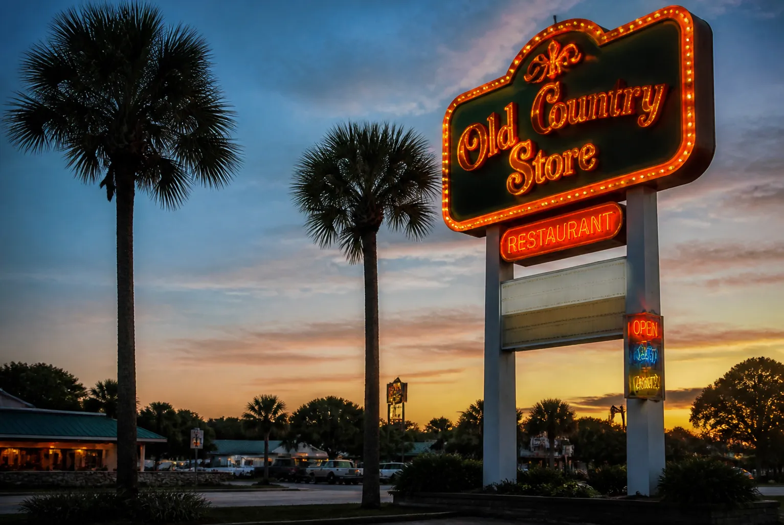 Vintage neon roadside signage glowing at dusk along a palm-lined highway in South Florida