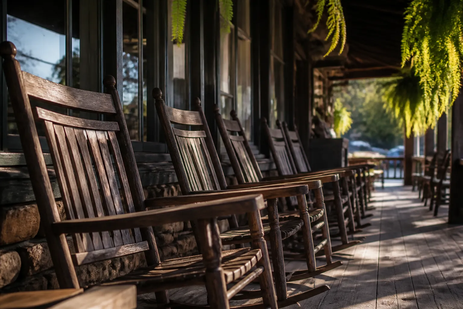 Rustic wooden rocking chairs on a sunny southern-style front porch