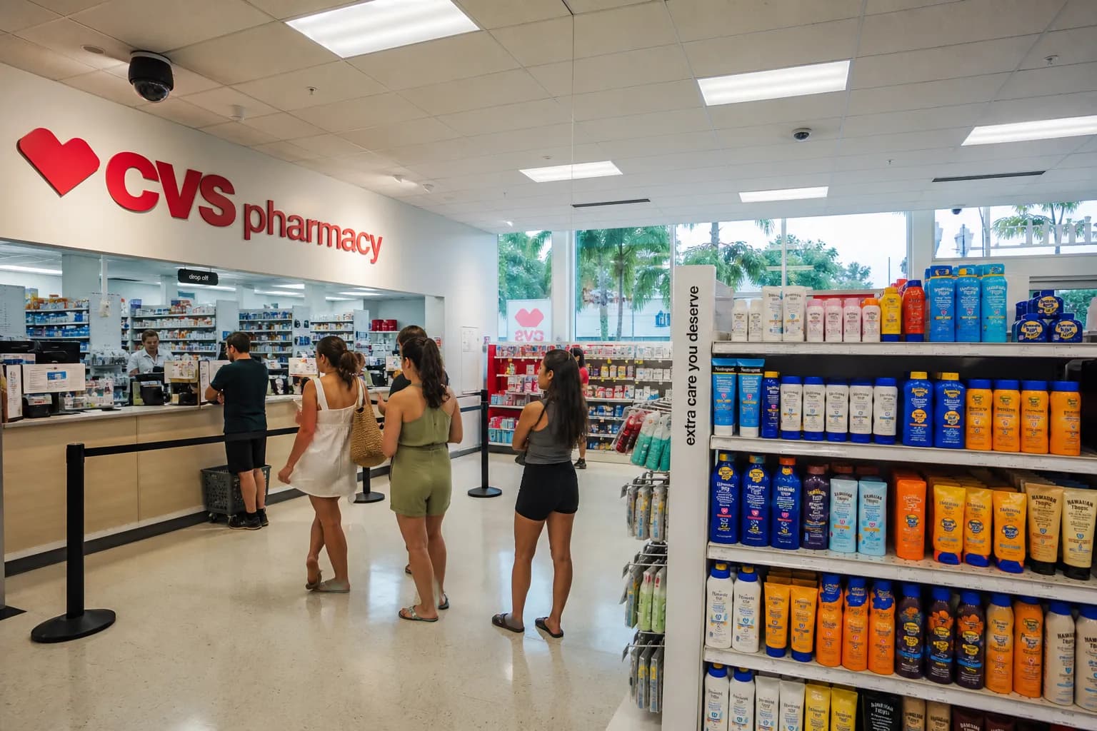 The brightly lit interior counter of a clean, modern pharmacy in South Beach, featuring neatly organized shelves of wellness products and a consultation desk.