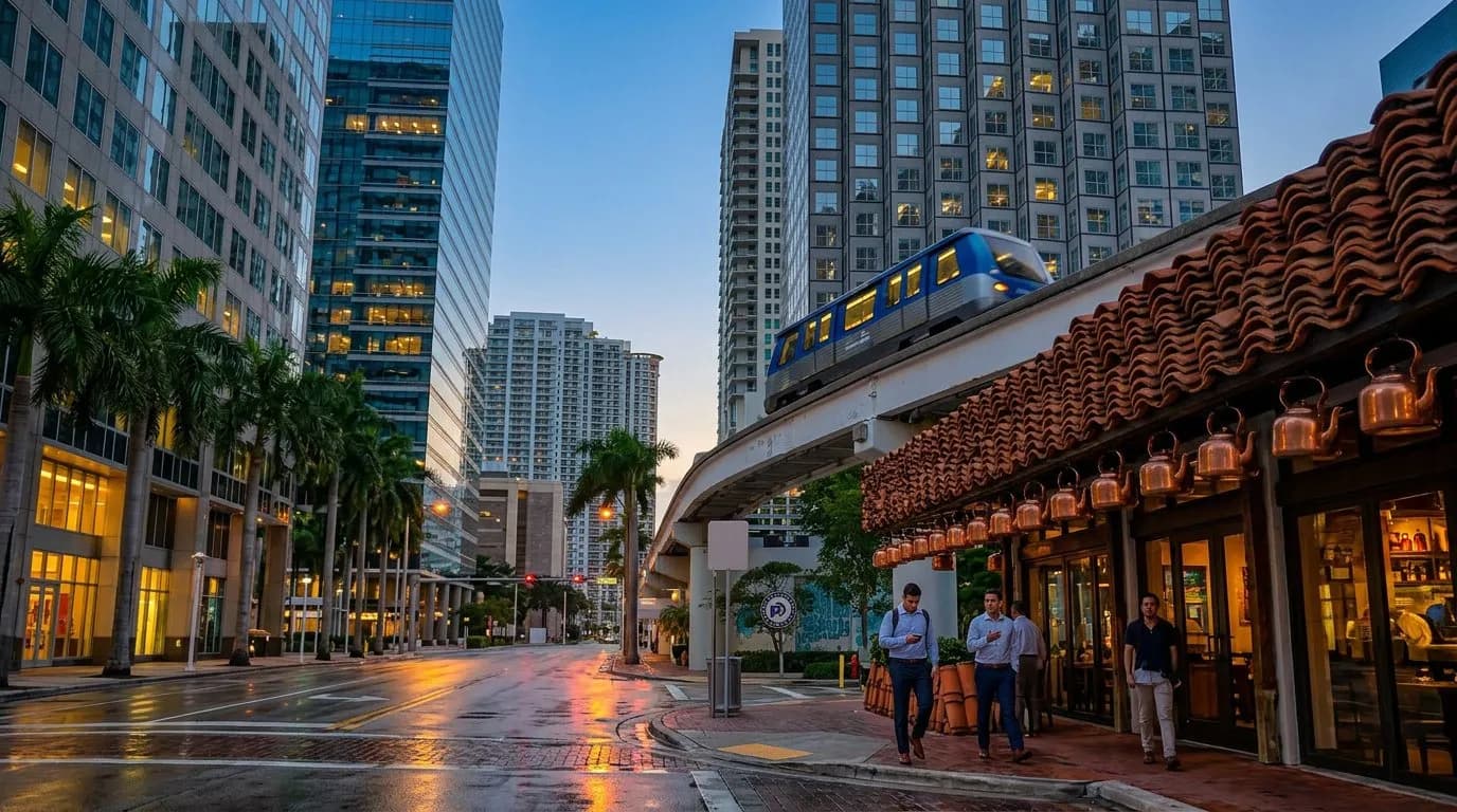 Brickell street at dusk with elevated Metromover train and glass towers