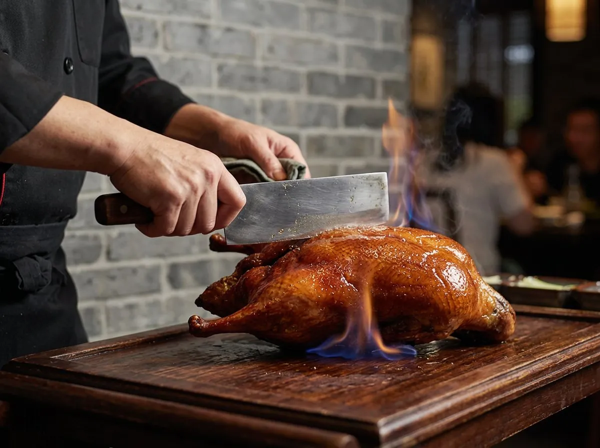 Close-up of a whole duck being flambeed tableside on a carving trolley