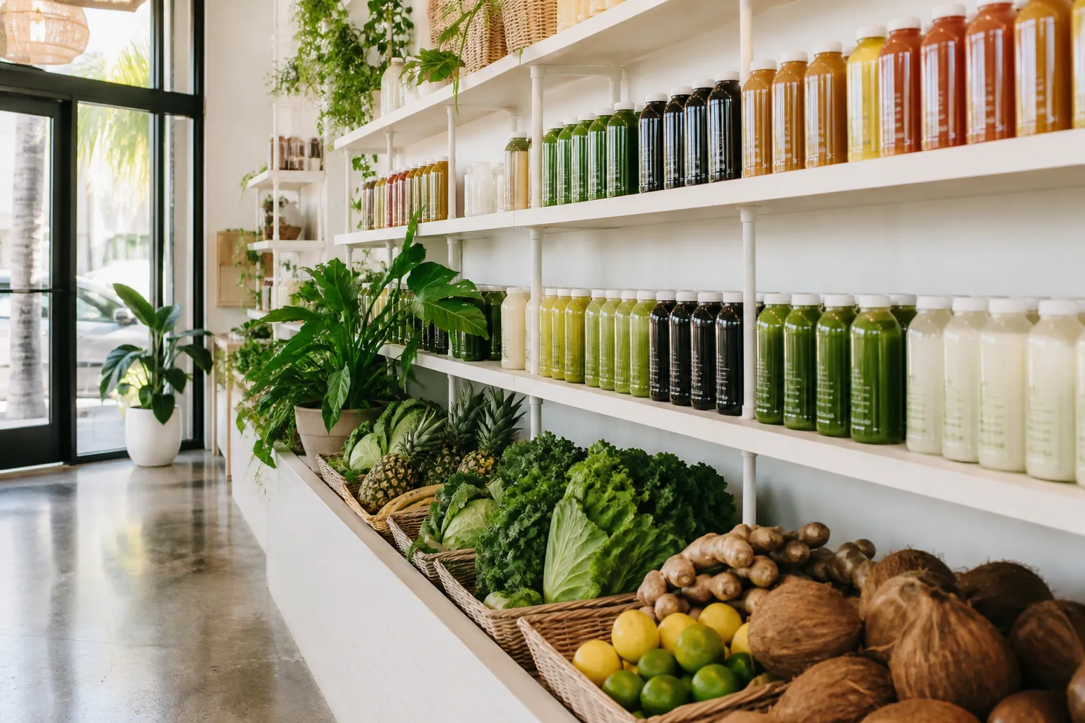 Neatly organized shelves of cold-pressed juices and organic wellness products inside a Miami health food market