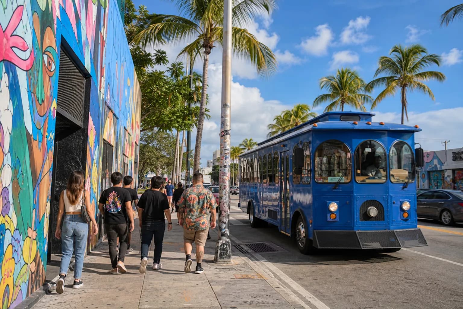 A sunny Wynwood street scene featuring a colorful graffiti wall, a passing bright blue Miami trolley, and pedestrians walking under palm trees.