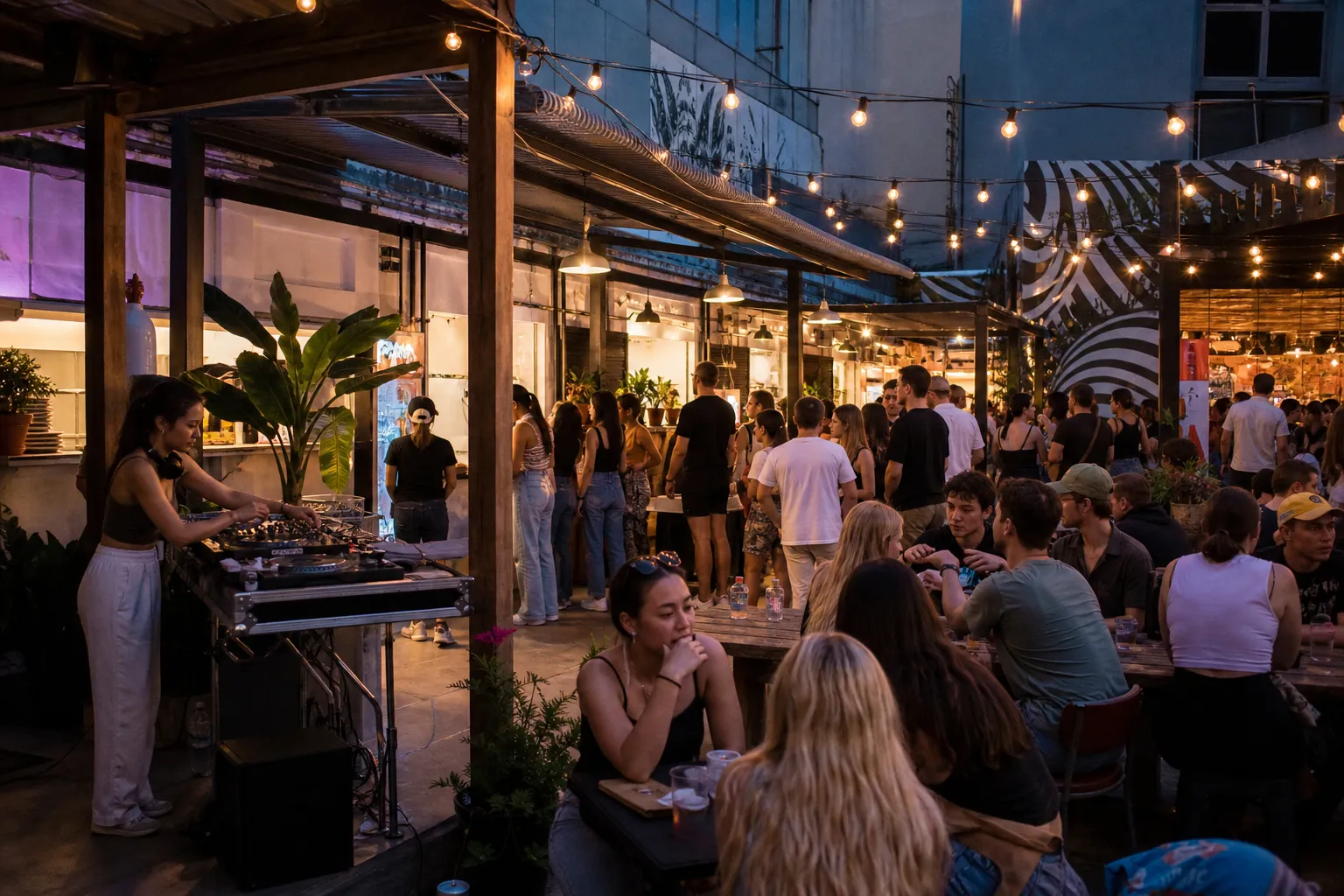 Outdoor courtyard patio at 1-800-Lucky food hall in Wynwood Miami