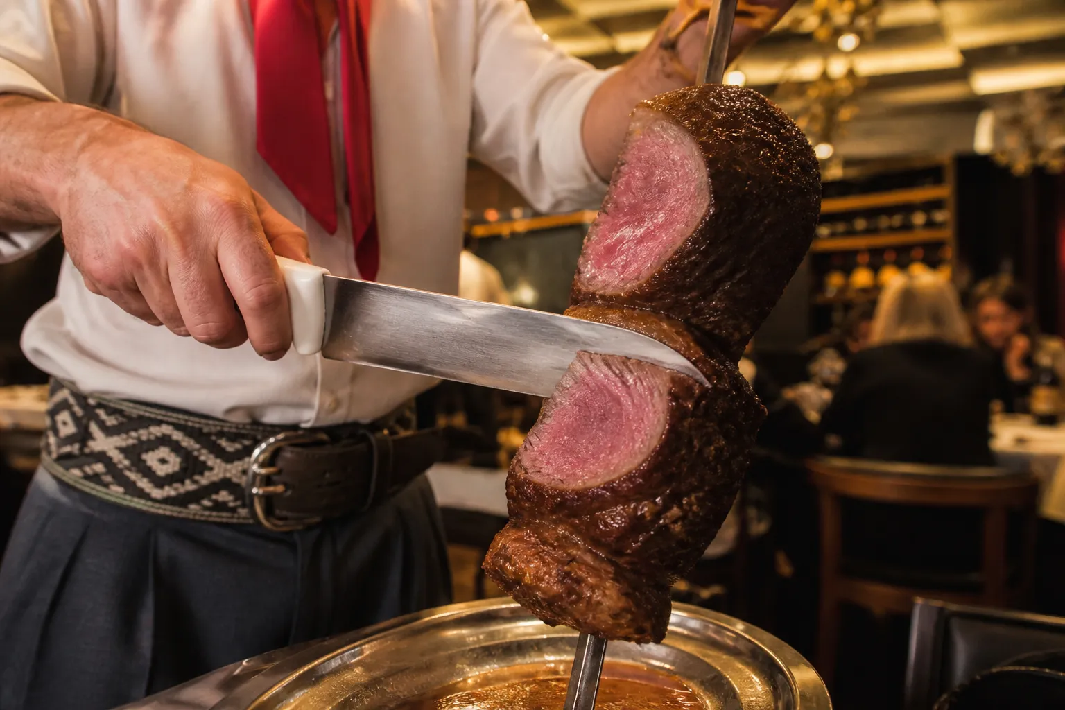A gaucho chef carving prime picanha steak tableside onto a diner's plate in a modern steakhouse setting.