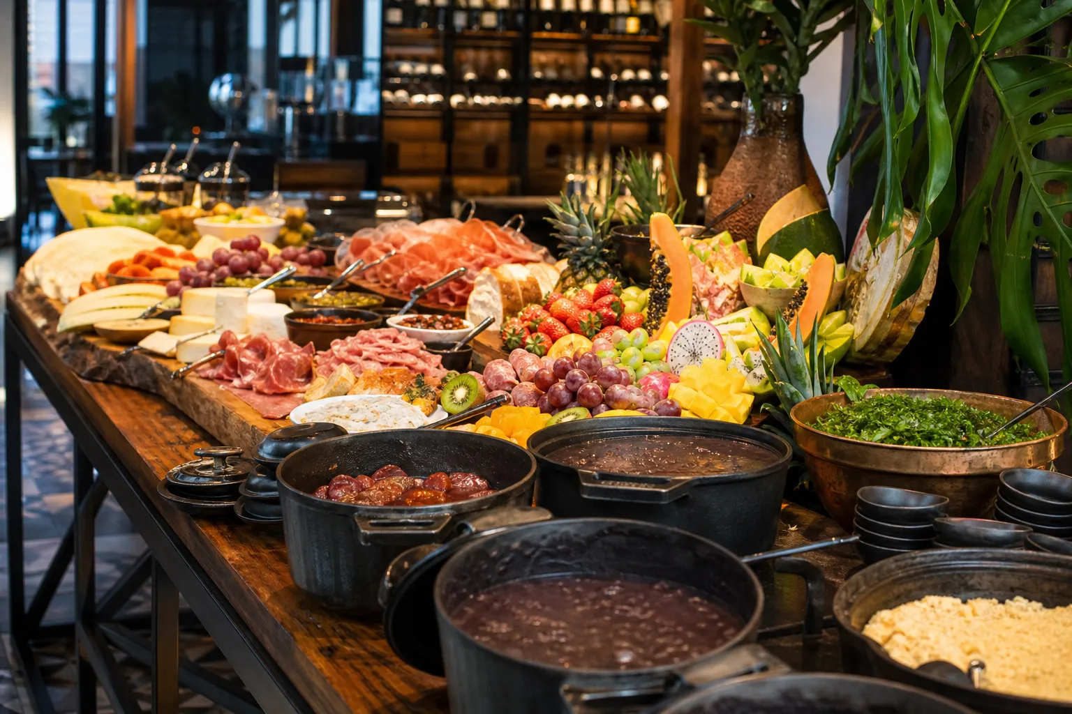 A vibrant display of fresh charcuterie, fruits, and hot dishes at the Market Table station.