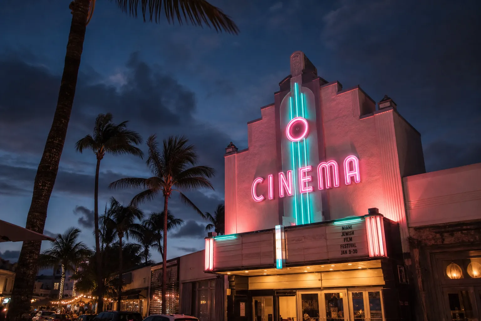Neon marquee of a vintage Art Deco cinema lit up at dusk along a palm-fringed street in Miami Beach