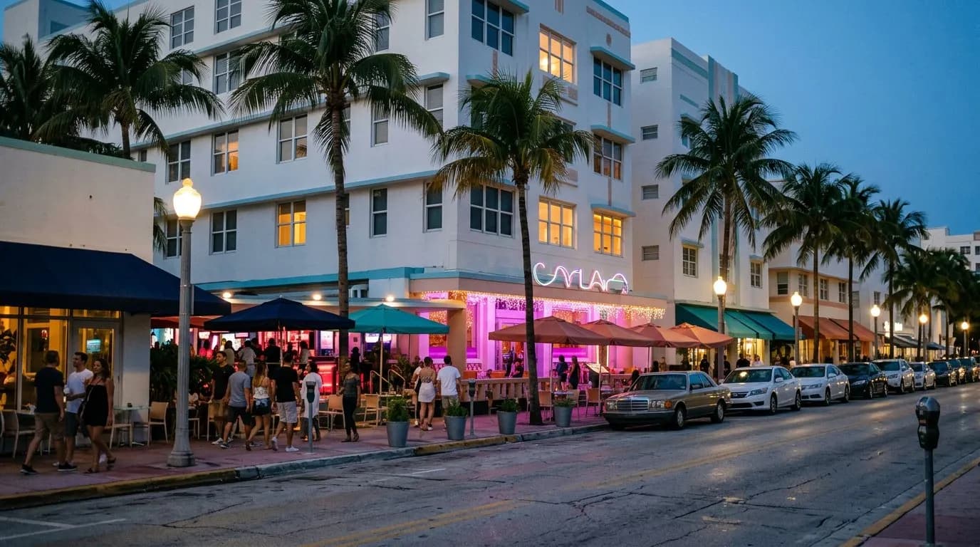 Evening street scene on a low-rise Miami Beach corridor with parked cars and palm trees
