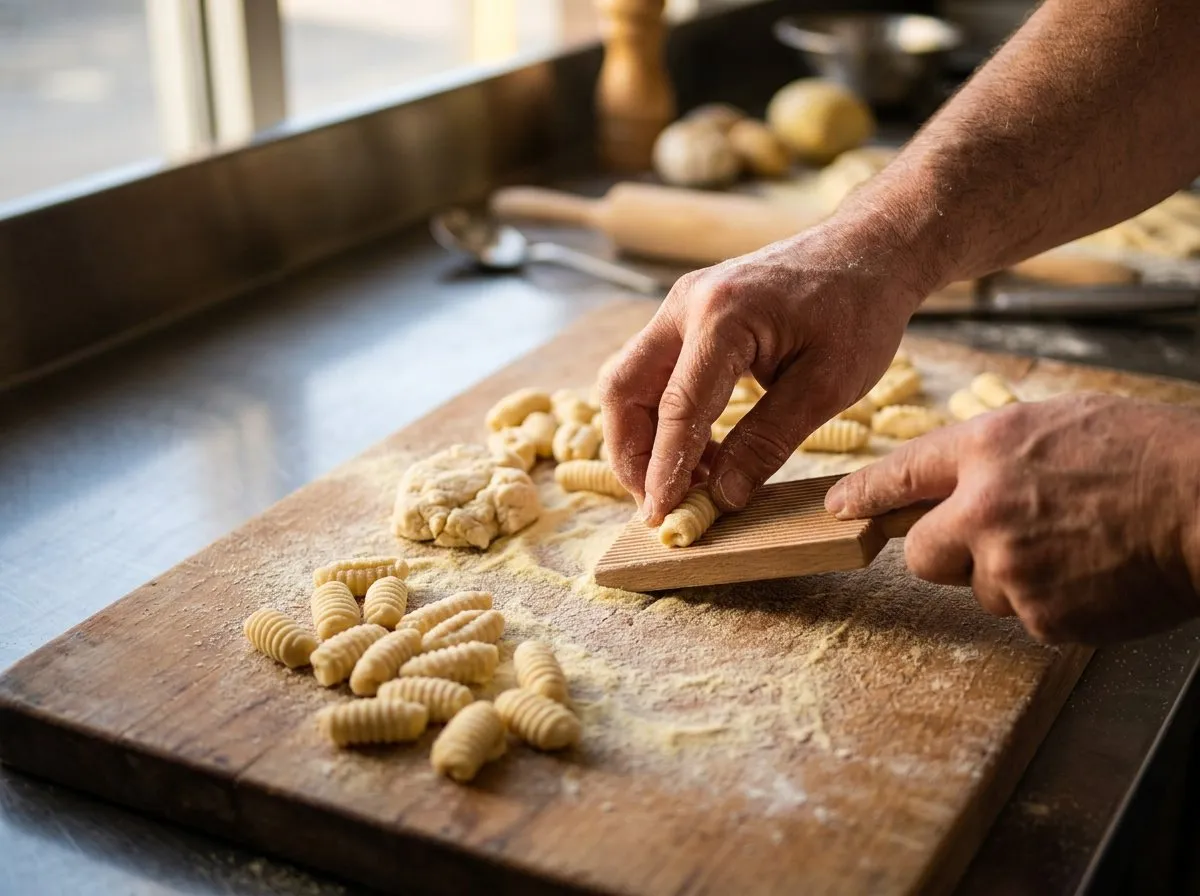 Close-up of flour-dusted hands shaping handmade pasta on a wooden board