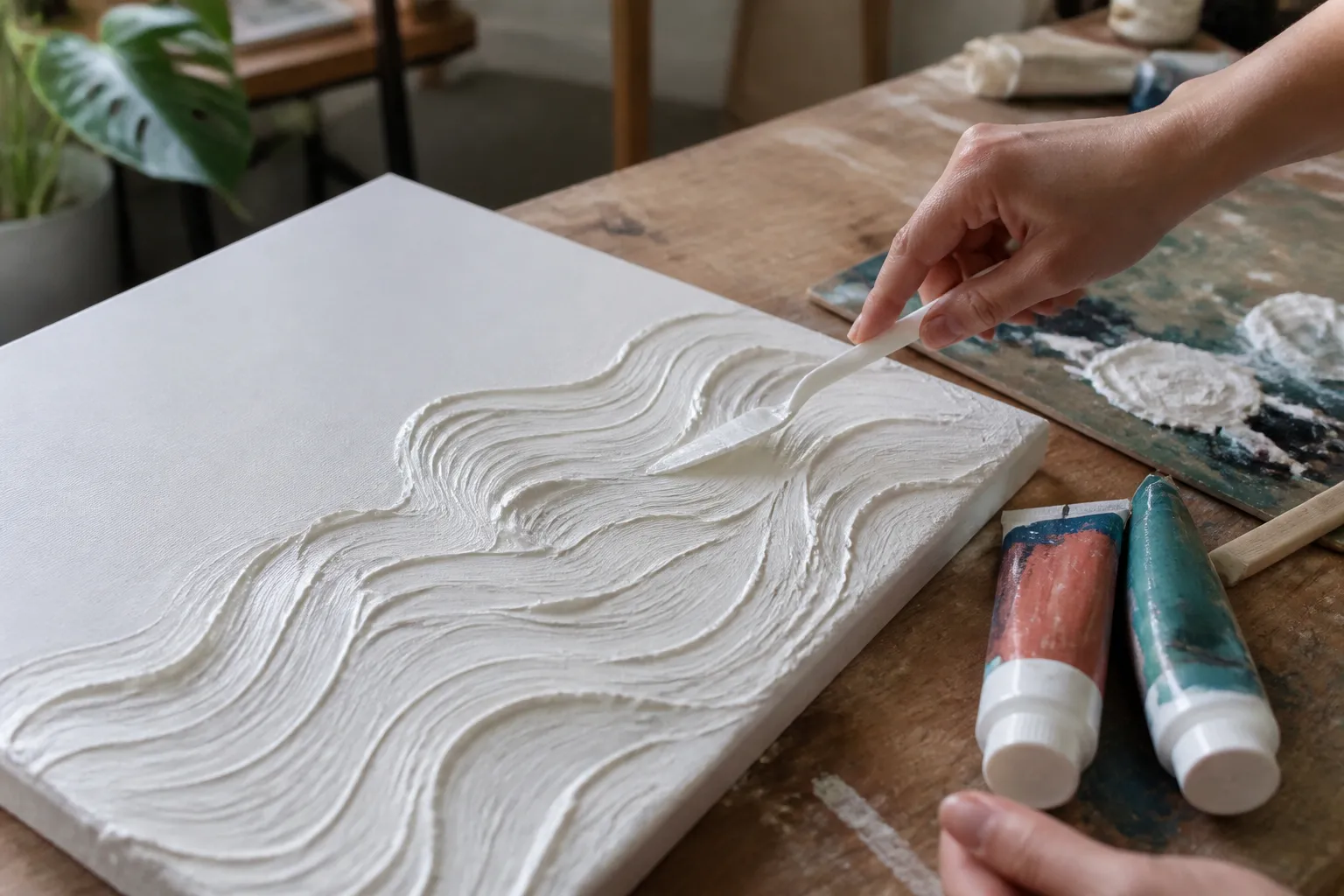 Close-up of hands creating textured wave patterns on canvas using white plaster and palette knives.