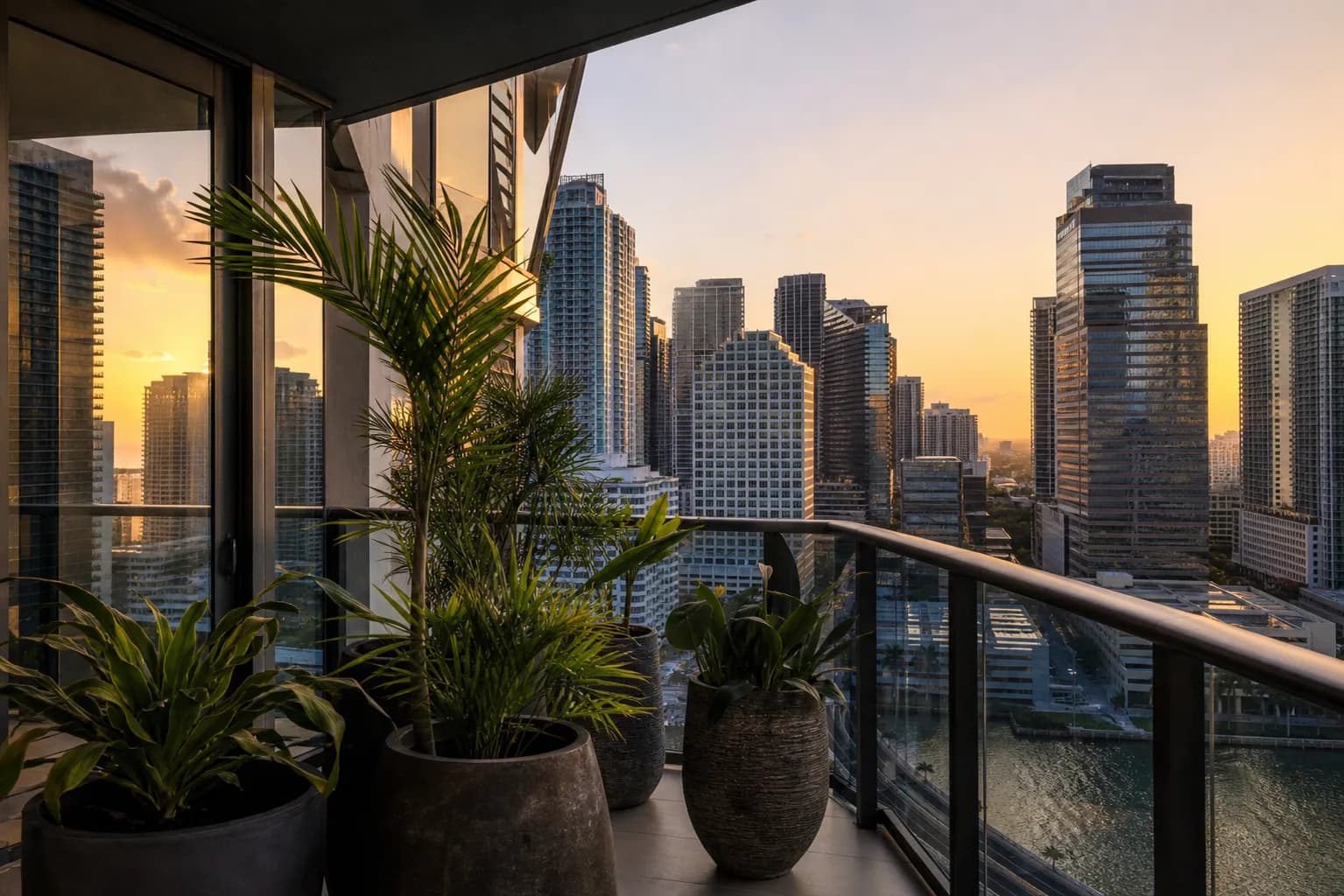 The Brickell Miami skyline during golden hour, reflecting warm orange light off high-rise glass balconies.