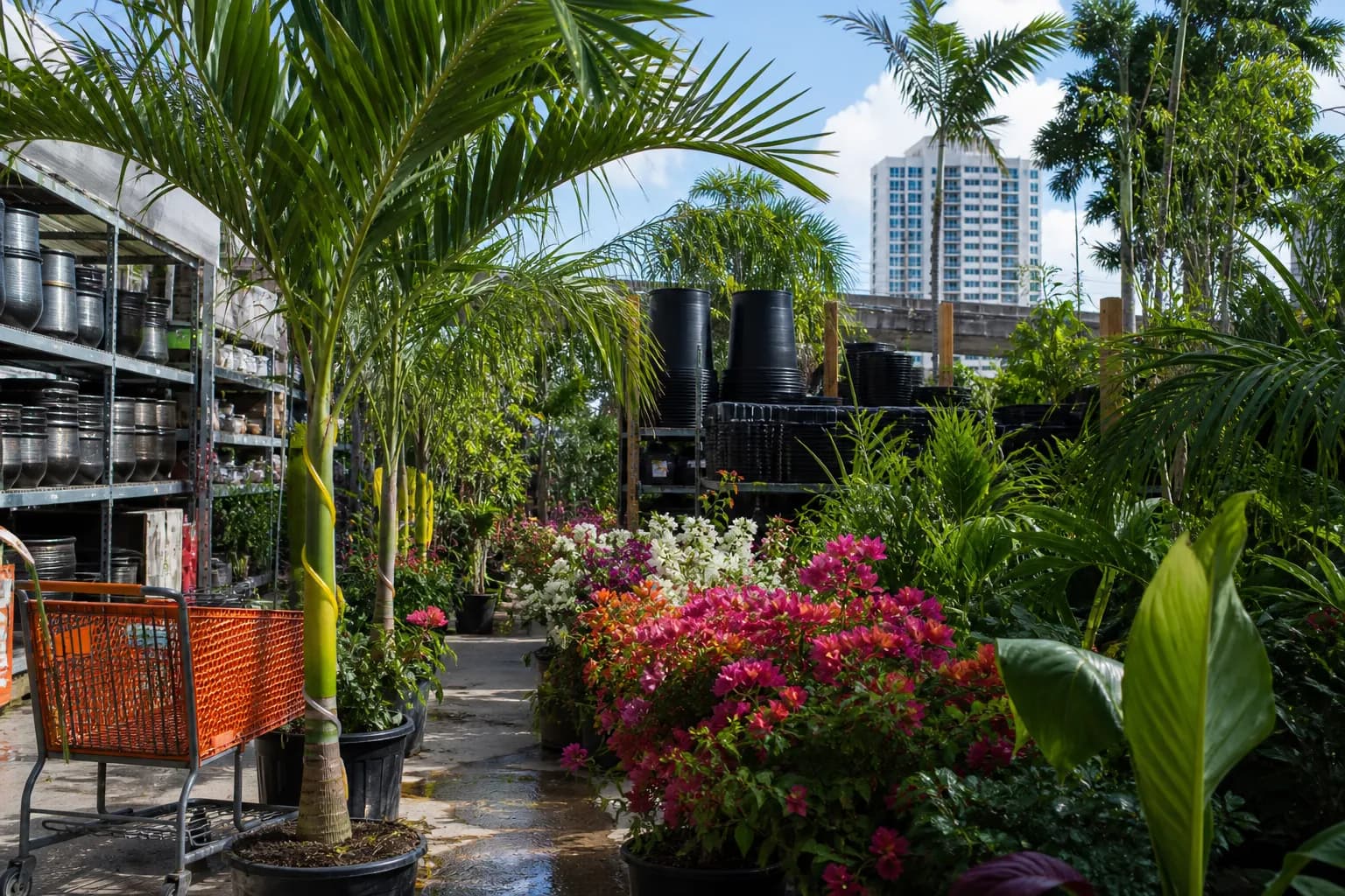 Rows of green tropical plants and palms inside a sunlit Miami hardware store garden center.