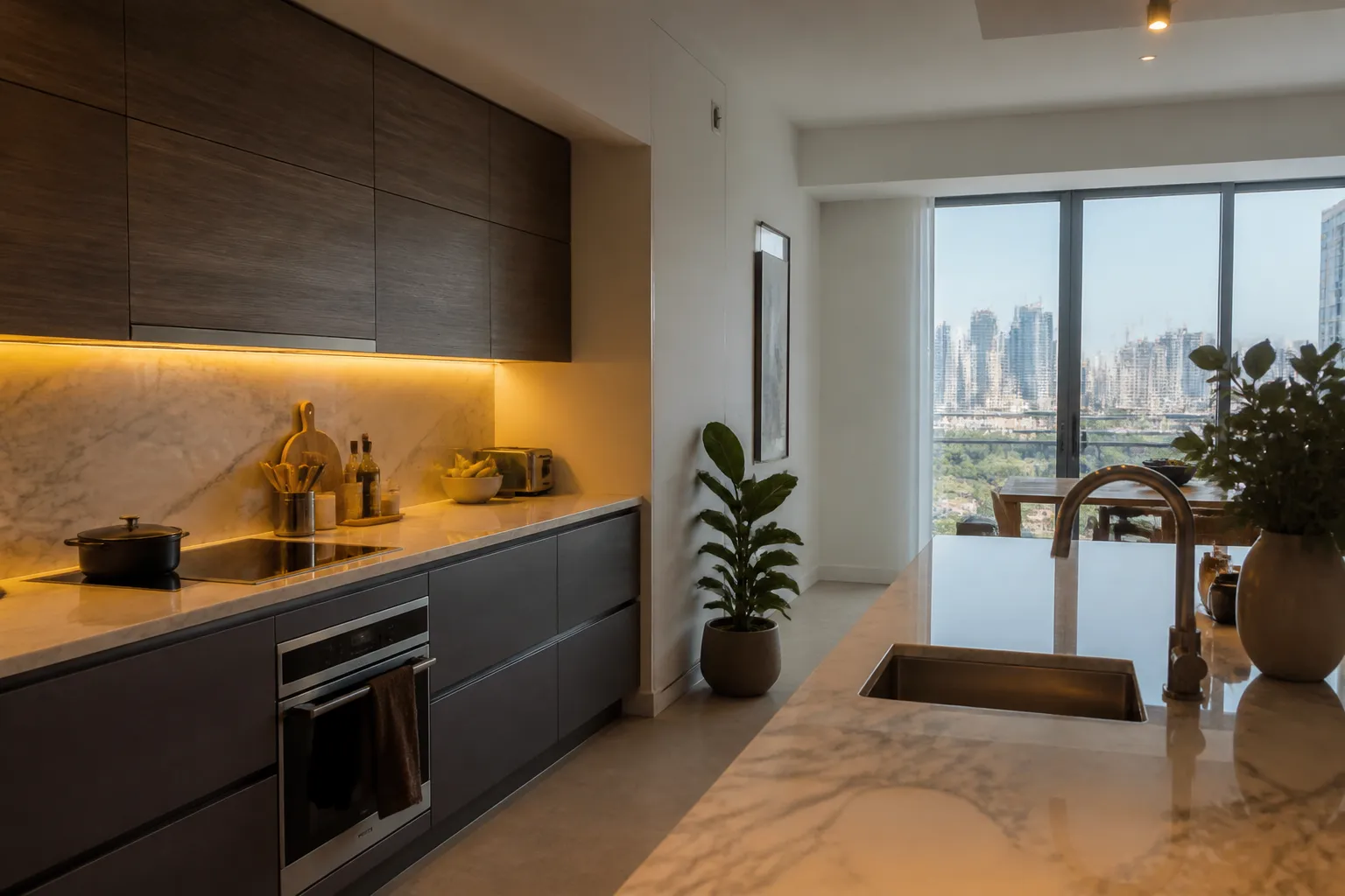 A modern apartment kitchen with warm, renter-friendly LED under-cabinet lighting.