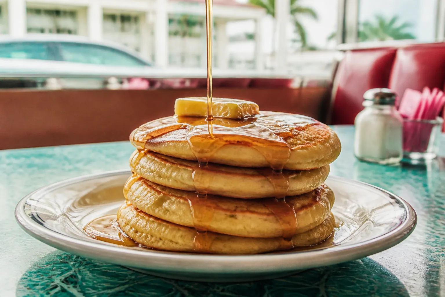 A fresh stack of buttermilk pancakes with syrup and butter on a diner table.