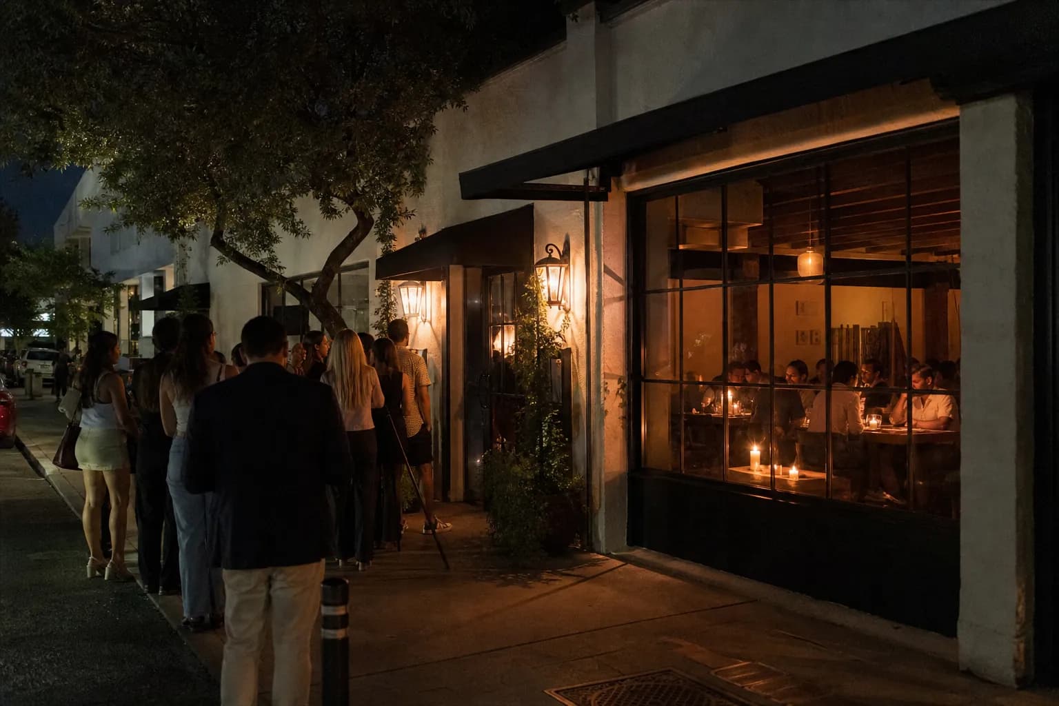 The warm, glowing exterior of a popular Miami Beach restaurant at night with outdoor seating under palm trees.
