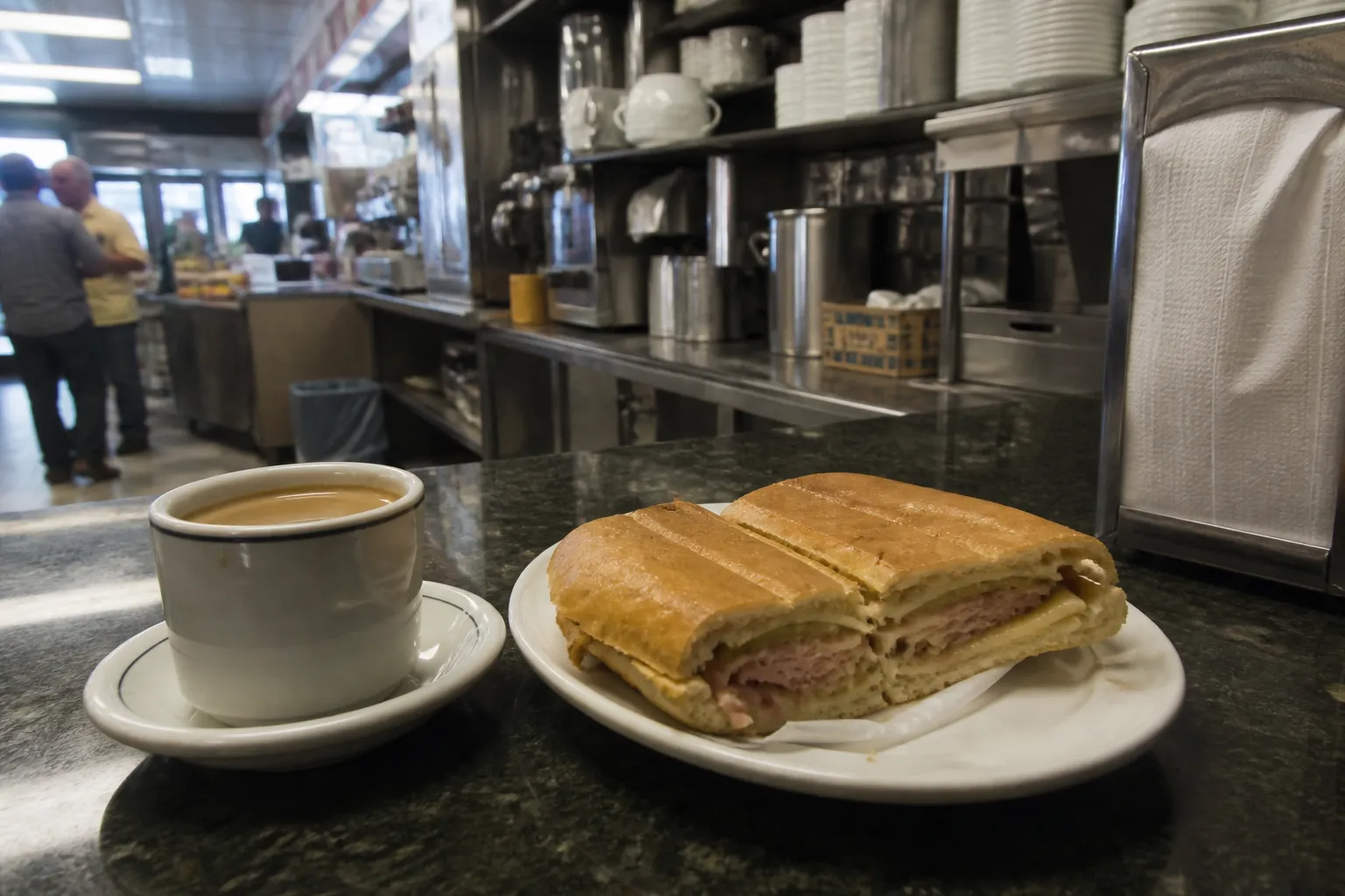 Traditional Cuban breakfast counter setup at Puerto Sagua in Miami Beach.