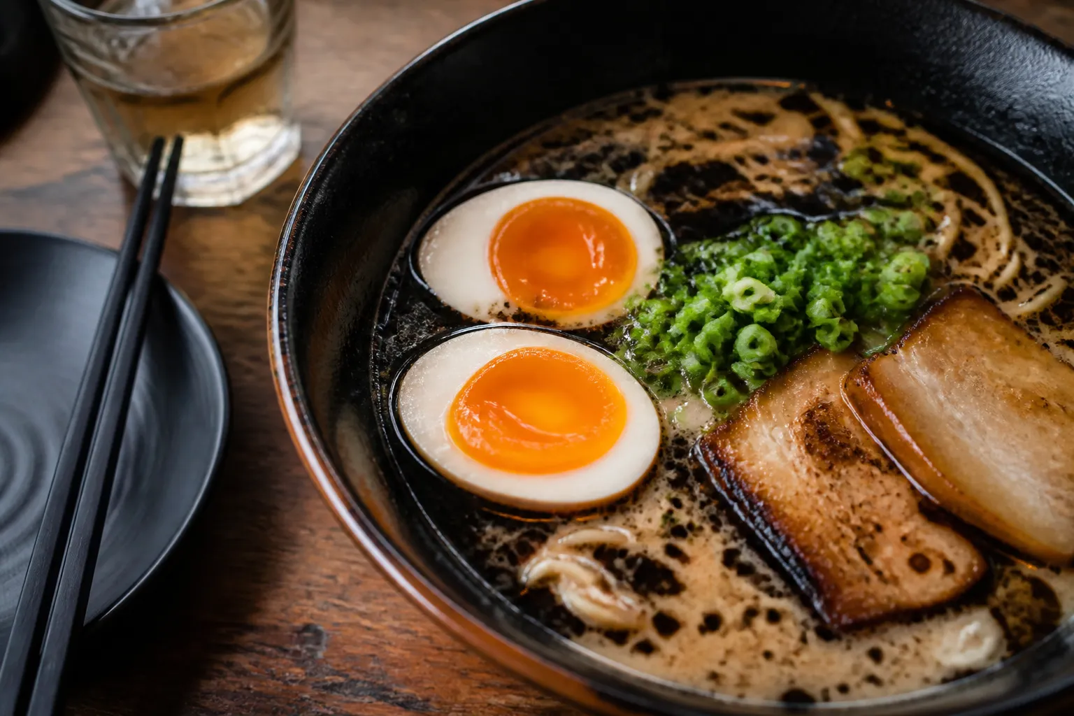 Close-up of a steaming bowl of Tonkotsu Black ramen with pork chashu and soft-boiled egg.