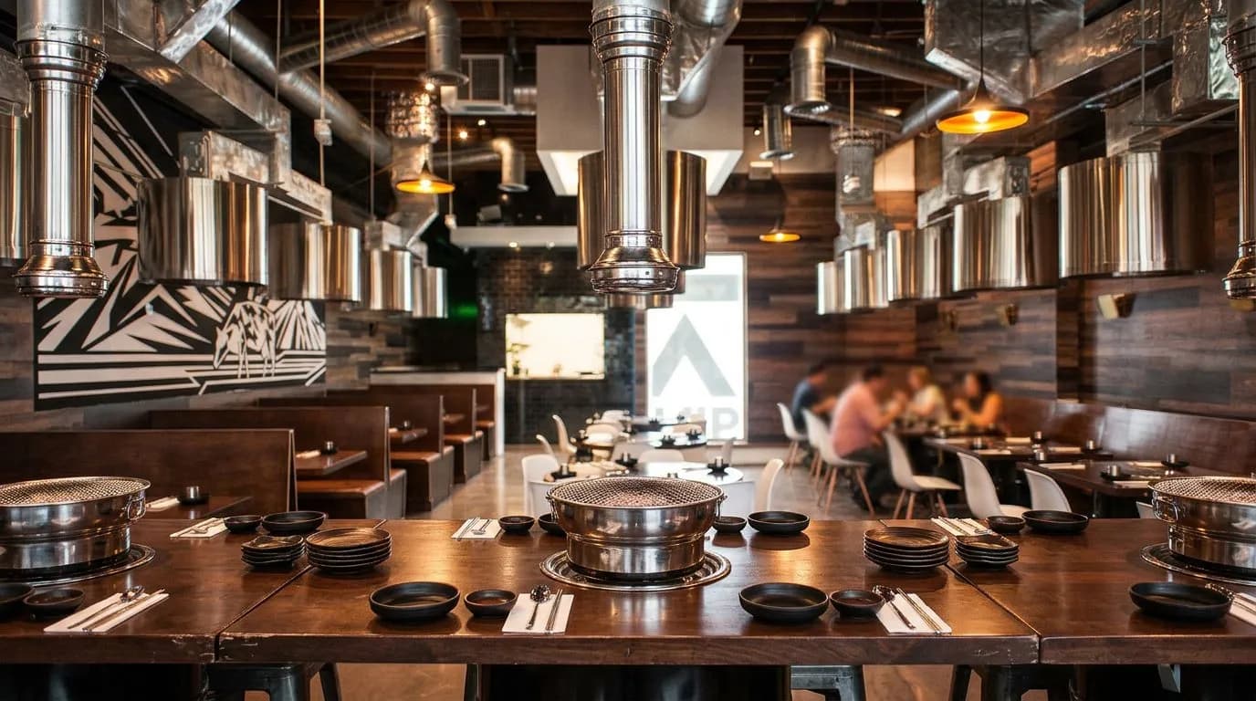 Restaurant interior with tabletop grills built into dark wood tables under warm pendant lighting
