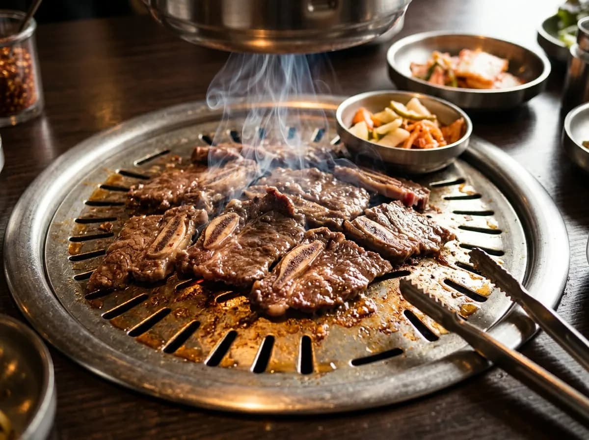 Close-up of beef short rib cooking on a round tabletop barbecue grill
