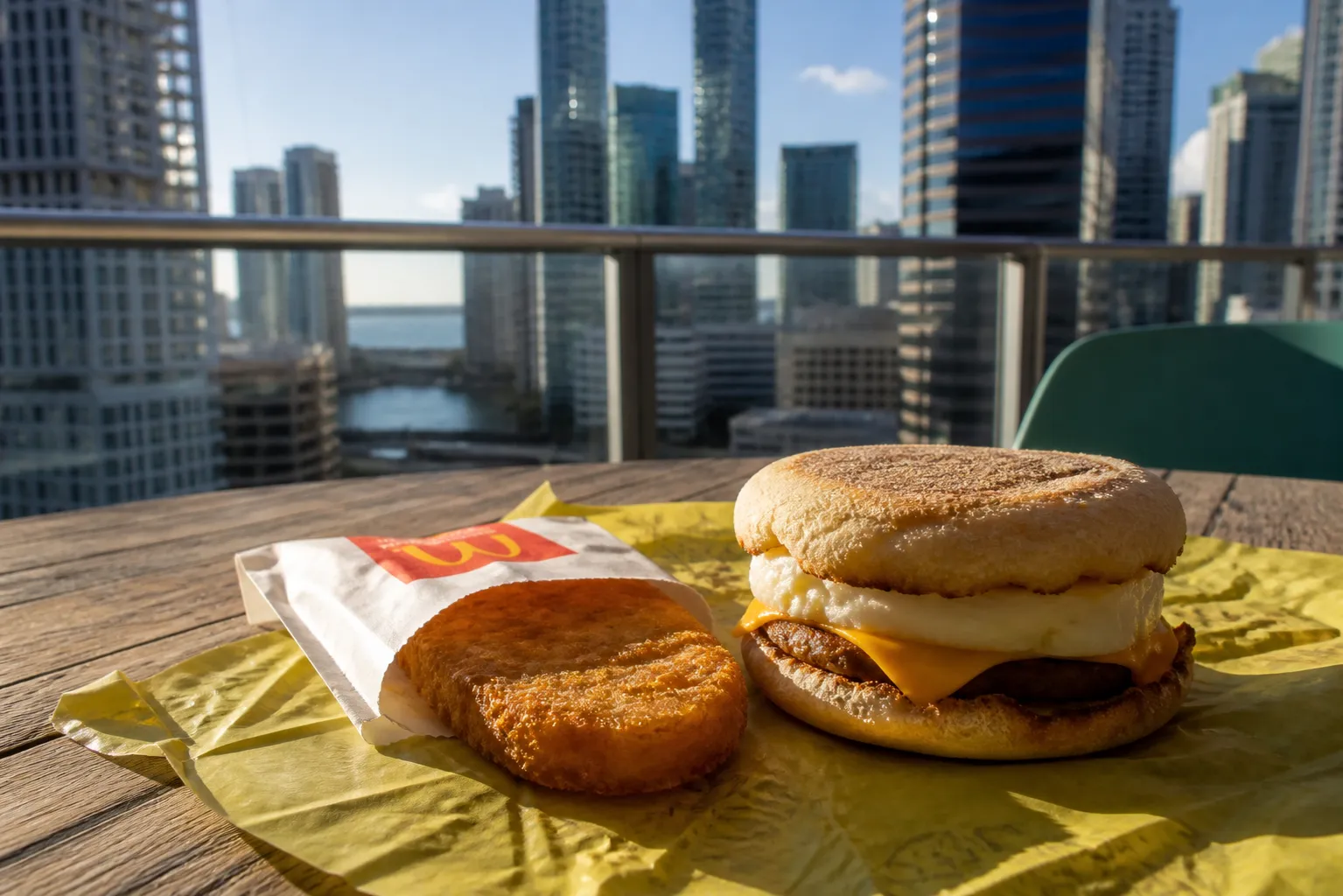 A close-up still life shot of a golden-brown McDonald's Egg McMuffin and two crispy hash browns on a rustic table with Miami palm shadows stretching across the surface