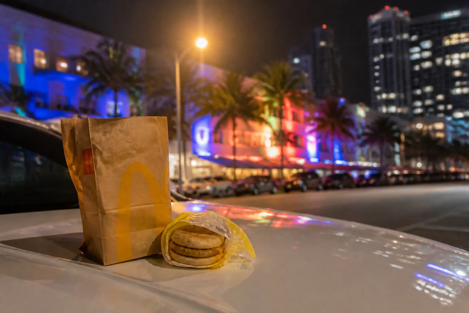 A McDonald's breakfast bag and sandwich on a car hood near Biscayne Boulevard at night.