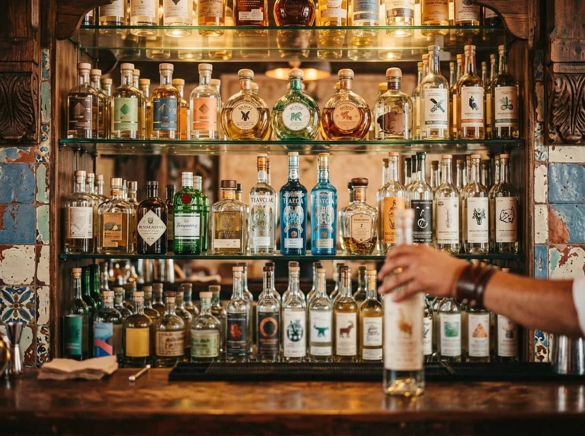 Close-up of a tall glass case densely stocked with mezcal and tequila bottles