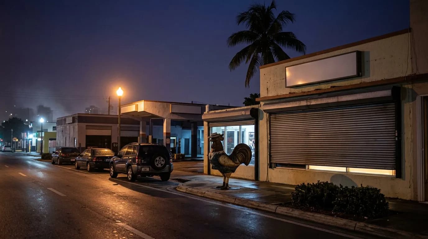 Wide night view of a quiet Calle Ocho storefront strip in Little Havana, Miami