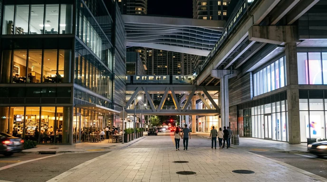 Night view of Brickell City Centre entrance with transit rail overhead and glowing storefronts