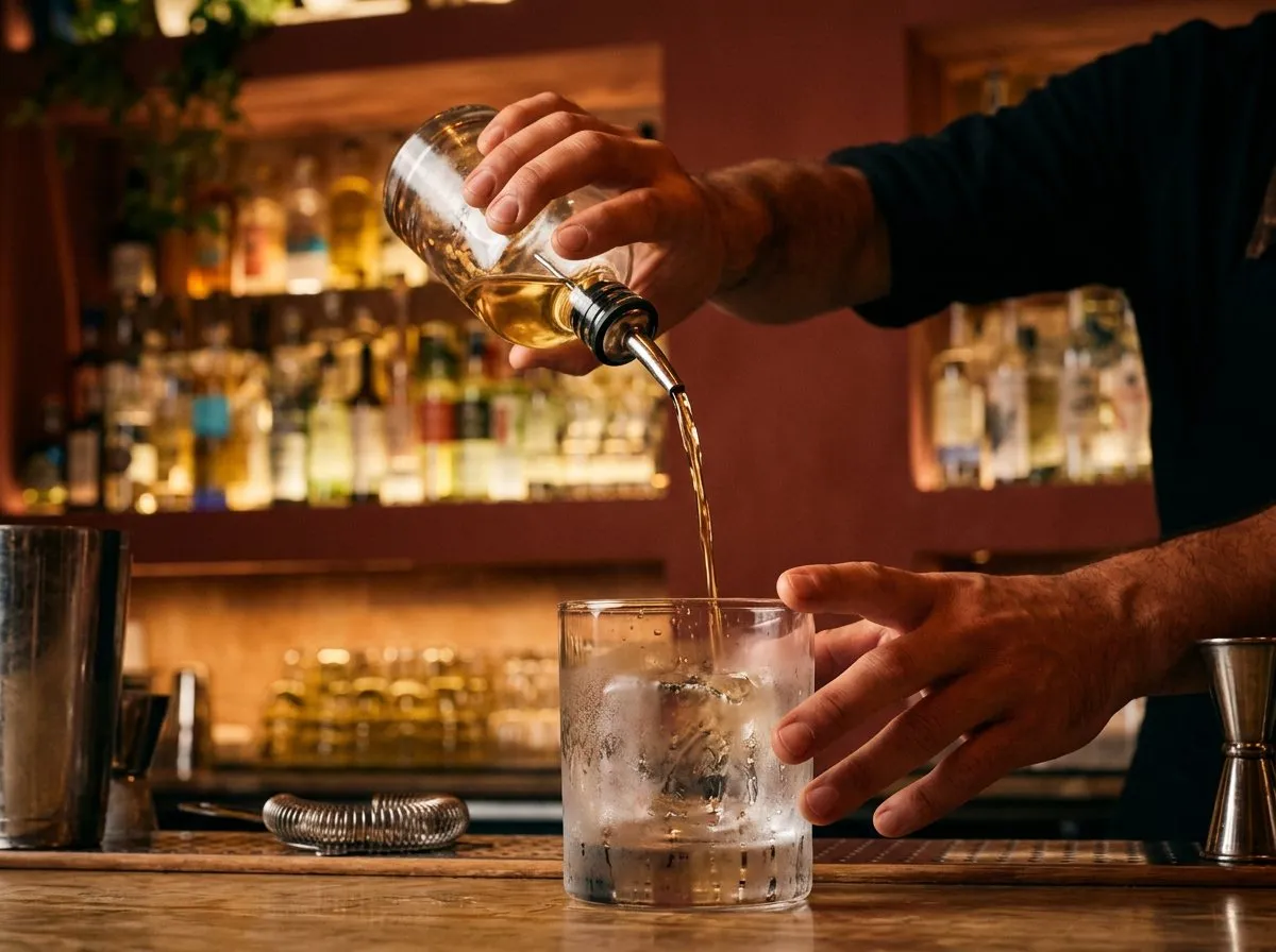 Close-up of a bartender pouring a mezcal cocktail with bottles lit behind the bar