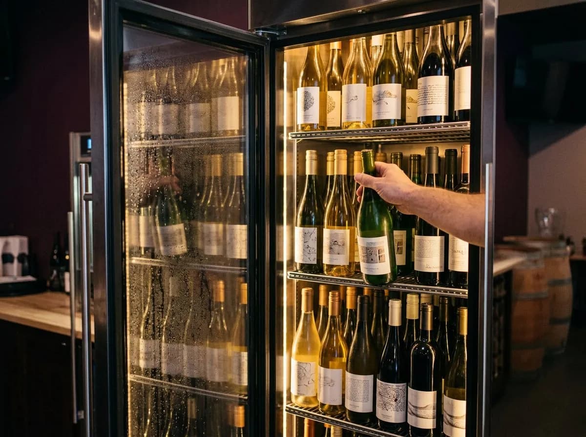 Close view of a hand selecting a bottle from an open self-serve wine fridge
