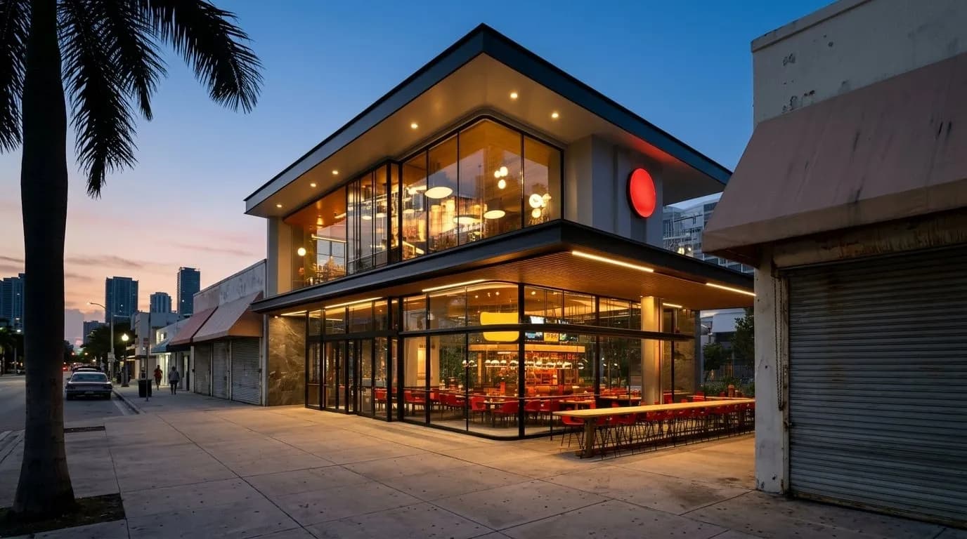 Low-rise Miami storefront restaurant glowing at dusk on a quiet avenue