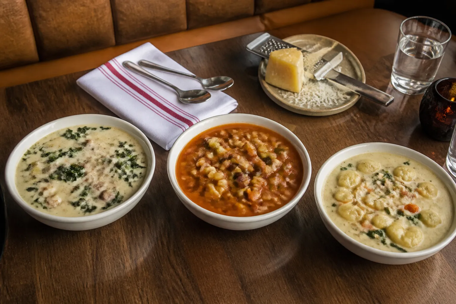 Three different bowls of Italian-style soup arranged on a restaurant table