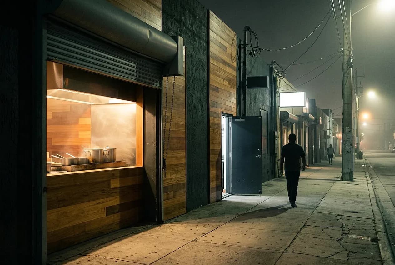 A dim Wynwood street at night with a low storefront glowing behind a partly open steel door