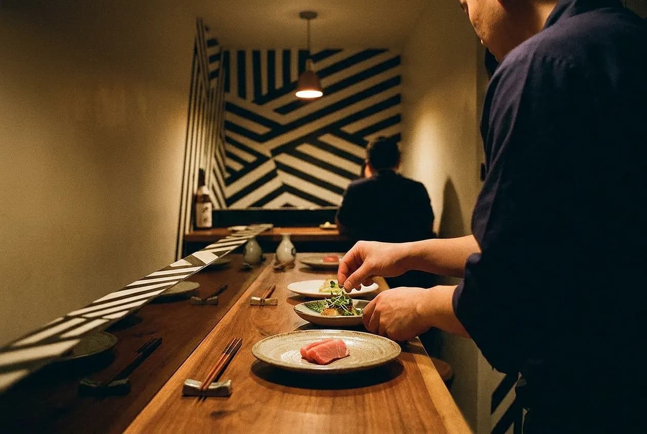 A narrow sushi counter set for one, with a single plate and chopsticks under low warm light