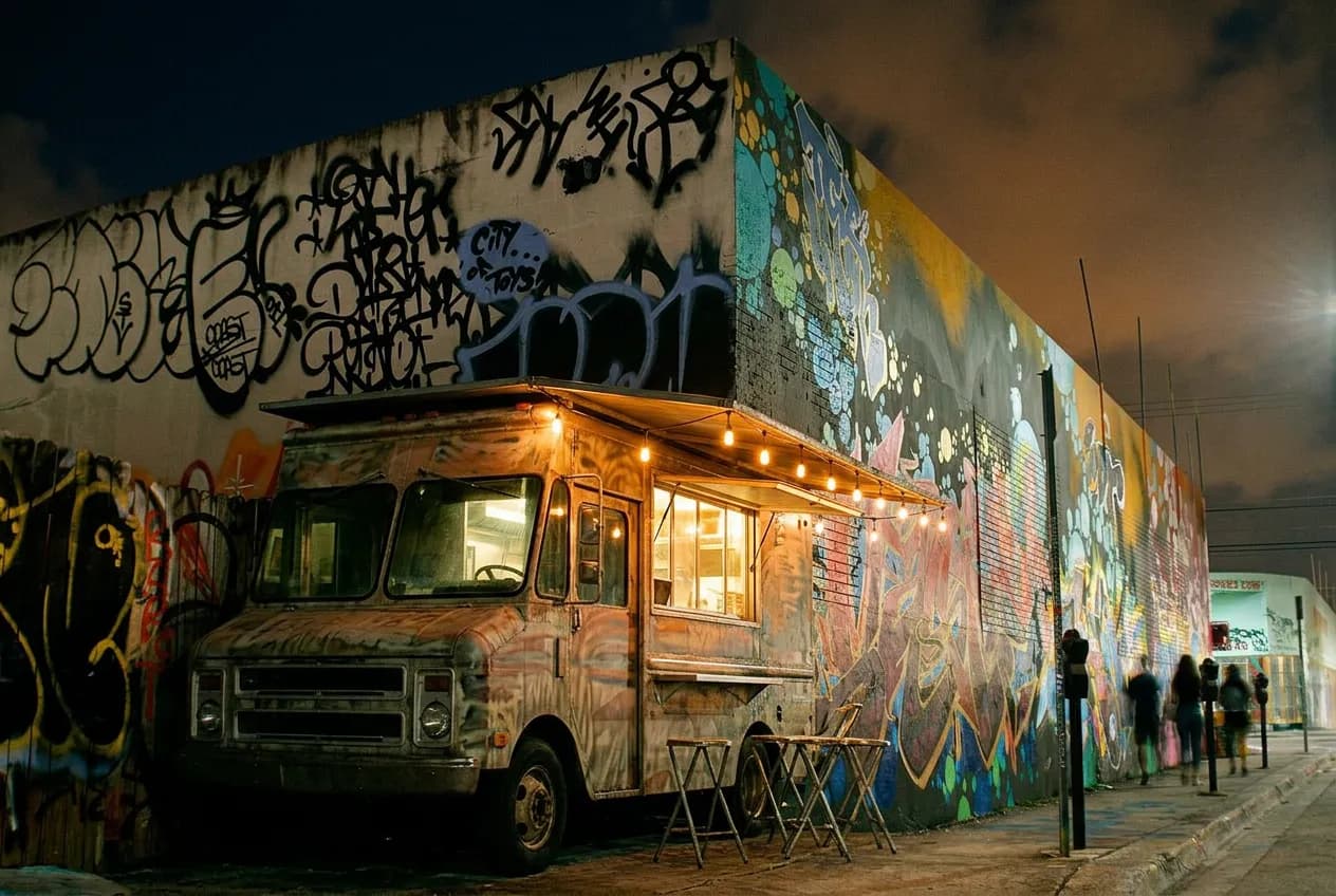 A food truck parked on a quiet Wynwood street at night with its service window lit and stools set out front.