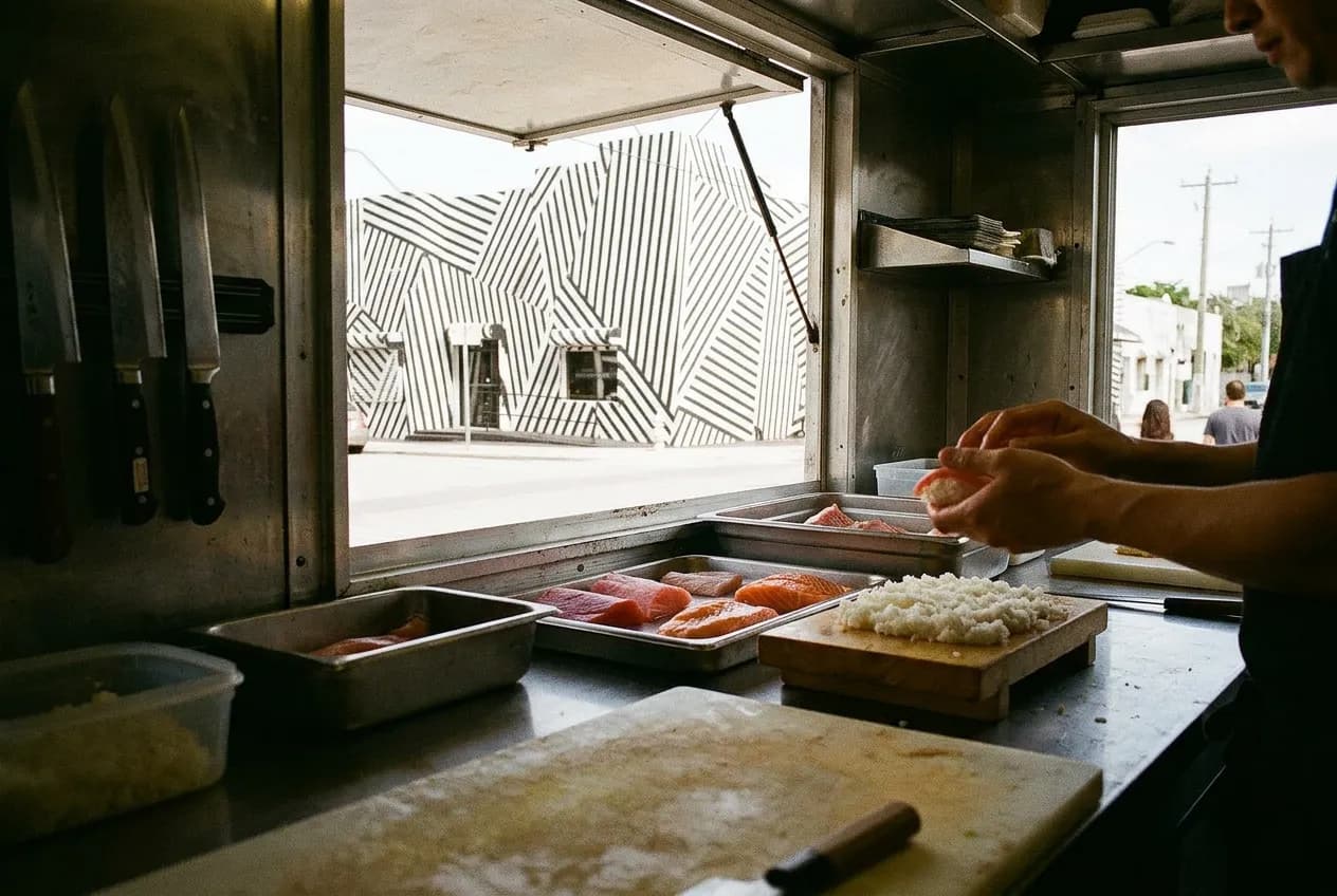 Close-up of a chef's hands shaping nigiri at a small stainless counter inside a food truck kitchen.