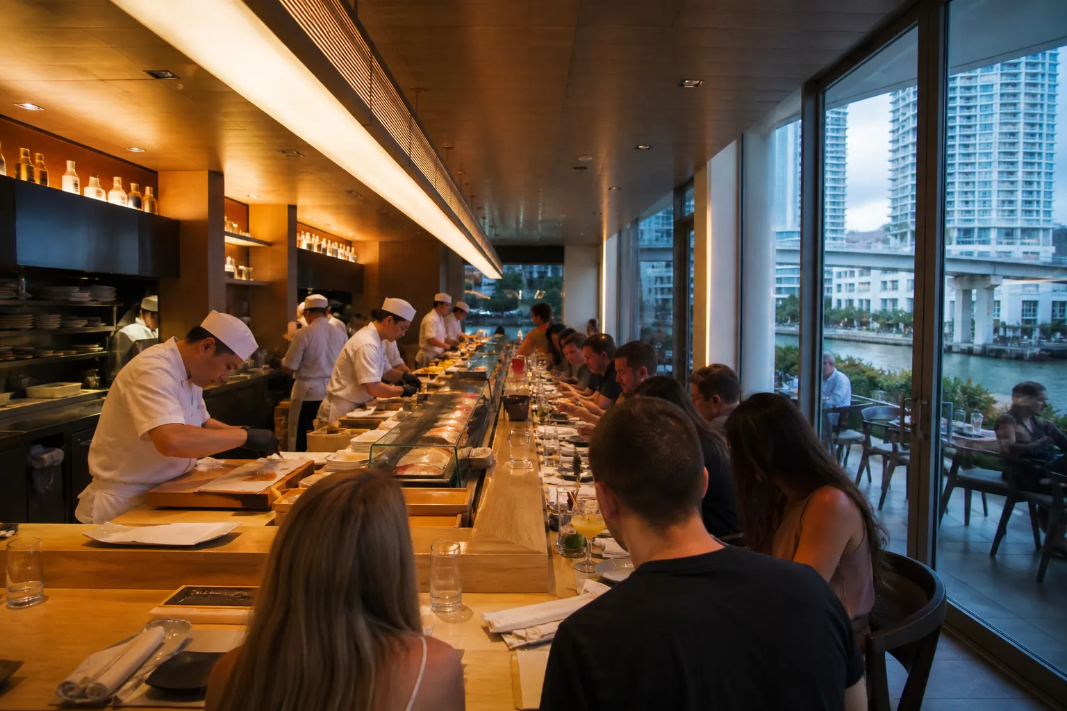 Sleek Downtown Miami sushi counter with chefs preparing food and minimalist wood accents.