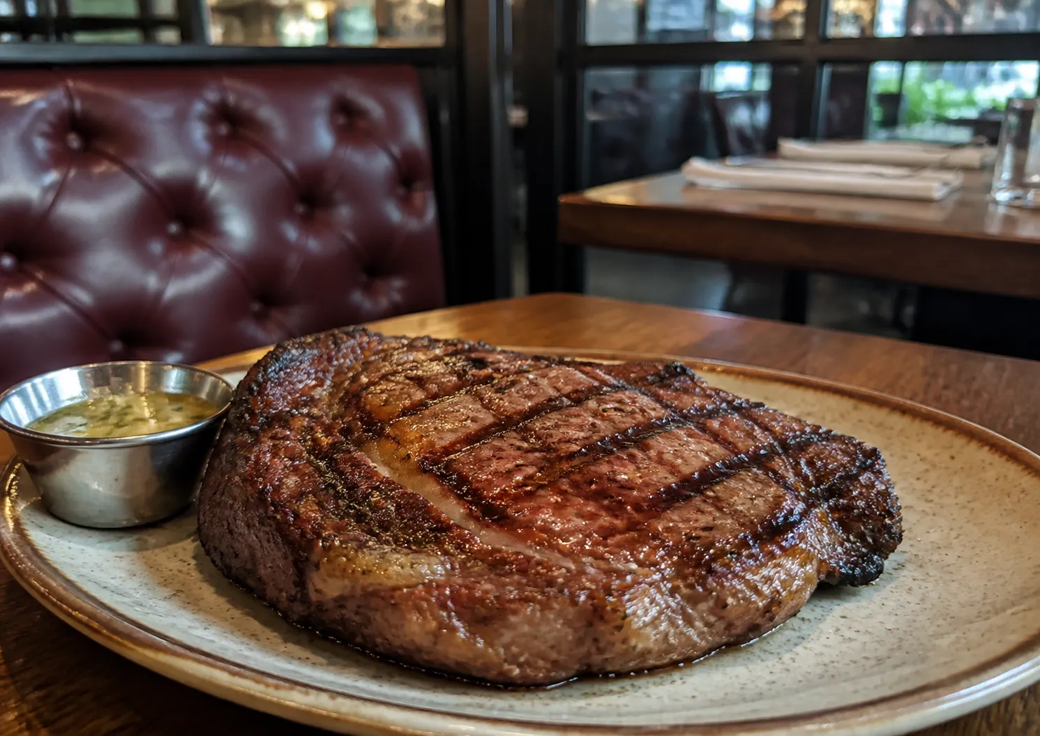 Juicy grilled ribeye steak on a plate with garlic butter sauce