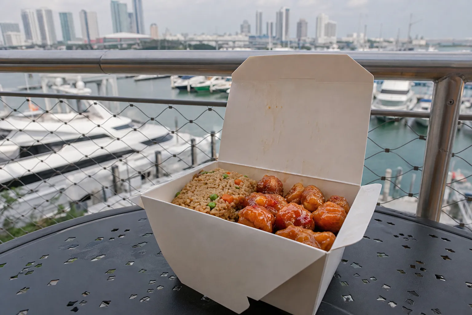 Panda Express takeout box on an outdoor terrace overlooking the Miamarina in Miami.