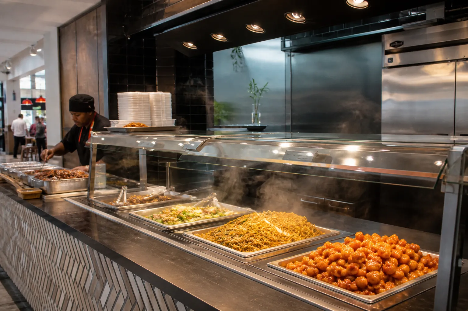 Clean food court counter with fresh orange chicken and steam rising under warm lights.