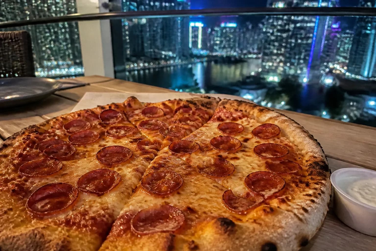 Fresh hot pepperoni pizza on a Brickell balcony with the Miami city skyline at night in the background.