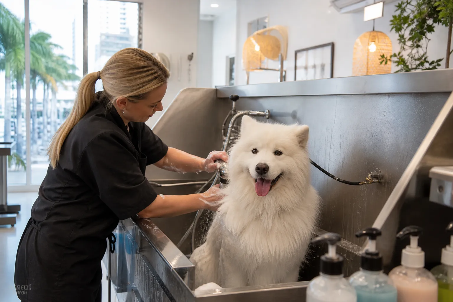 Professional groomer washing a fluffy samoyed in a clean Miami pet salon.