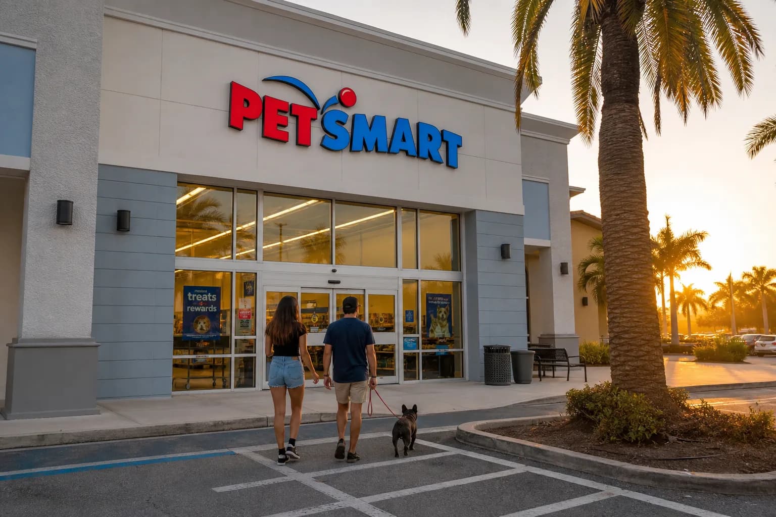 A clean PetSmart storefront in Miami at golden hour with a couple walking their dog.